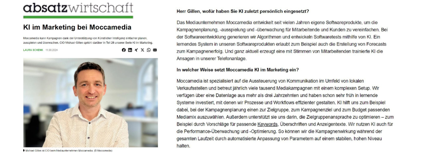 Artikel über KI im Marketing bei moccamedia in der Zeitschrift Absatzwirtschaft